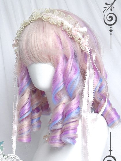 Roman Full Macaroon Wigs Bangs With Medium Color Curly