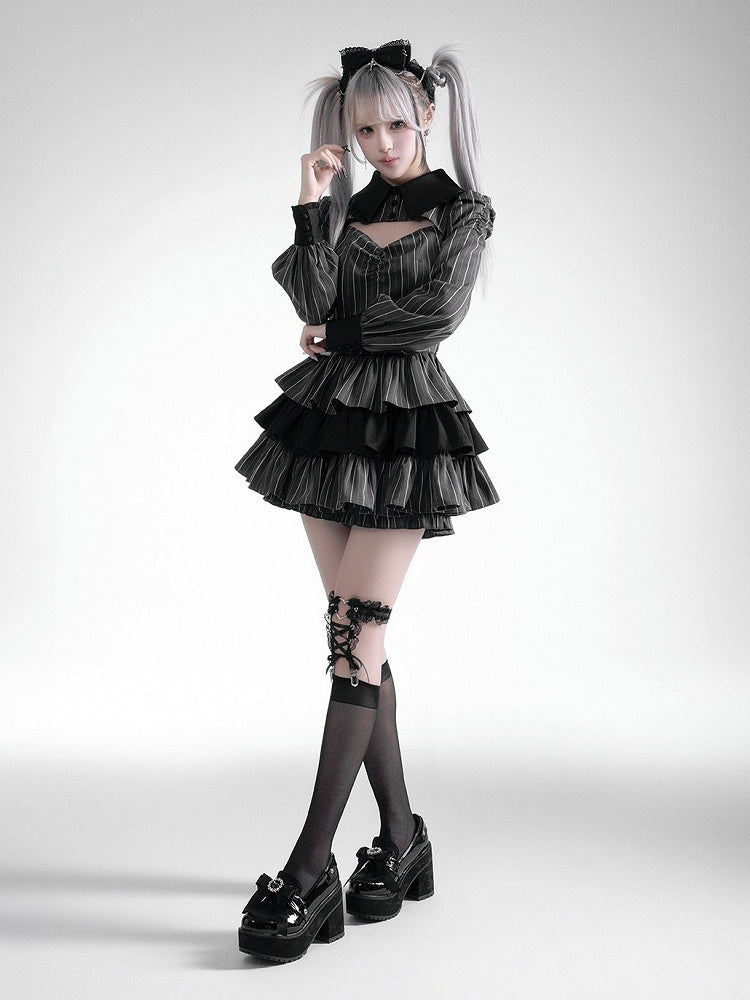 Black Gray Jirai Kei Striped Collared Tiered Ruffle Dress Set - Fluffy Heart