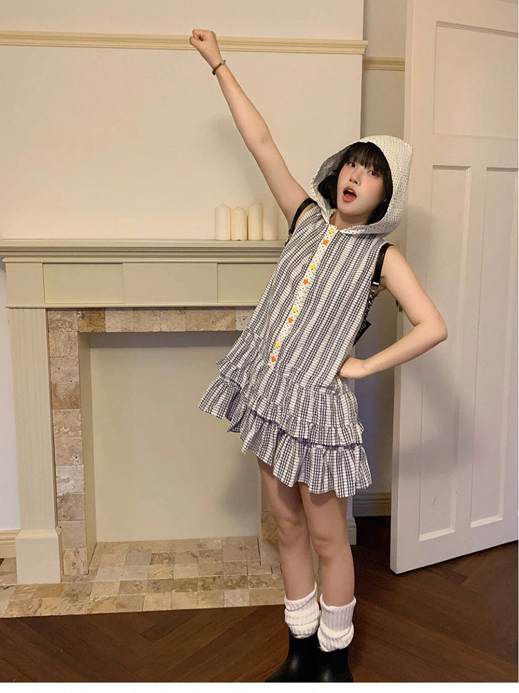 and Hooded Dots Polka Sleeveless Plaid with White Black Pattern Dress