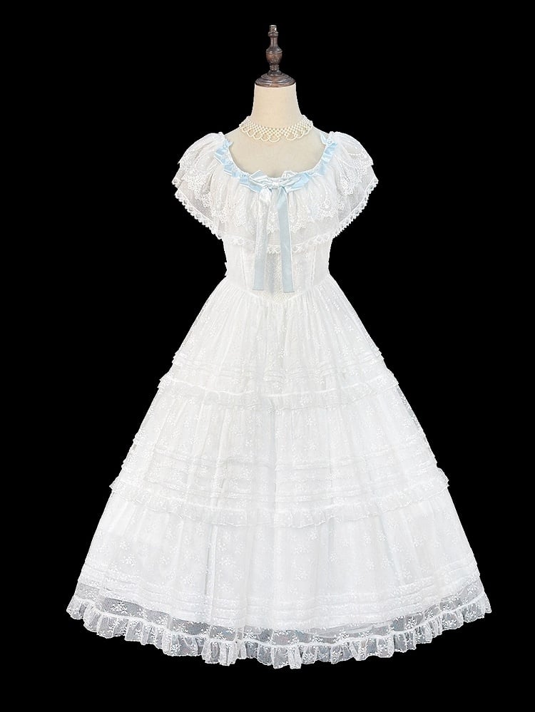 Classic White & Blue Lolita Long JSK Gown with Butterfly Bow and Layered Skirt - Miss Cube Dressworks