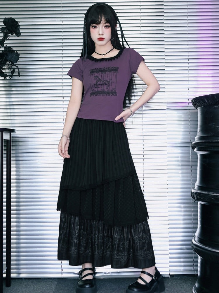 Purple Cotton Short Sleeve Square-Neck Tee with Carousel Print and Drawstring - Quirky Hut