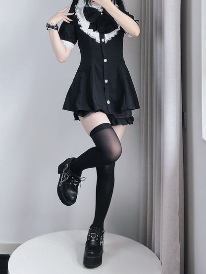 Short Big Jirai Kei Black Detachable Set Sleeves Mini and Jabot Collar Bow Dress+Shorts