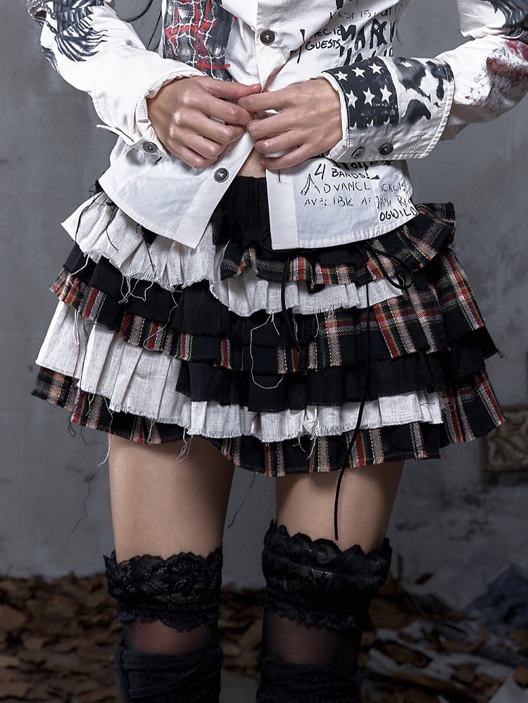 Vintage Punk Shorts Crisscross Plaid Black Skirt Tiered Built-In with Lacing