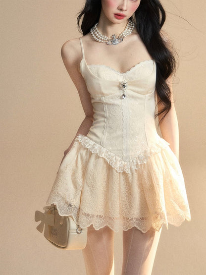 Spaghettiträgerkleid Apricot Herzförmiger Ausschnitt Baskische Taille Puffy