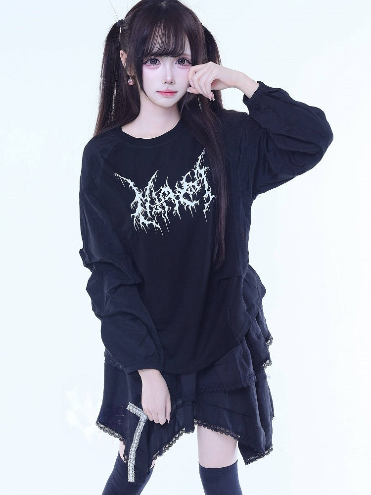 Long-Sleeve Paneled Design Printed T-Shirt Jirai Black Kei