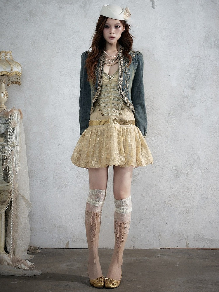 Golden Jacquard Cami Dress with Sequin Accents - NO ROMANCE