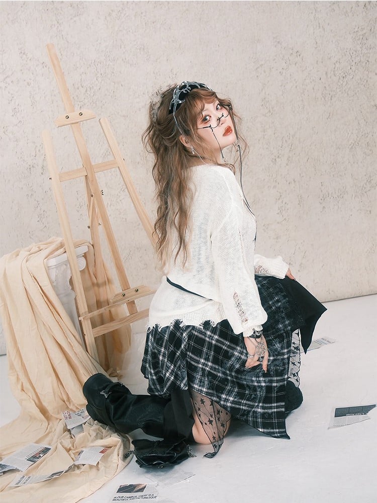 Plaid Hem Handkerchief Size Embroidered Lace with Black Skirt Layer Patchwork Plus Star