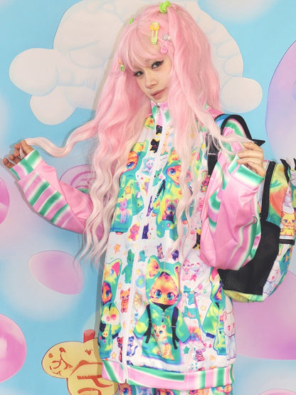 PinkGreen Cat Jacket Print Y2K