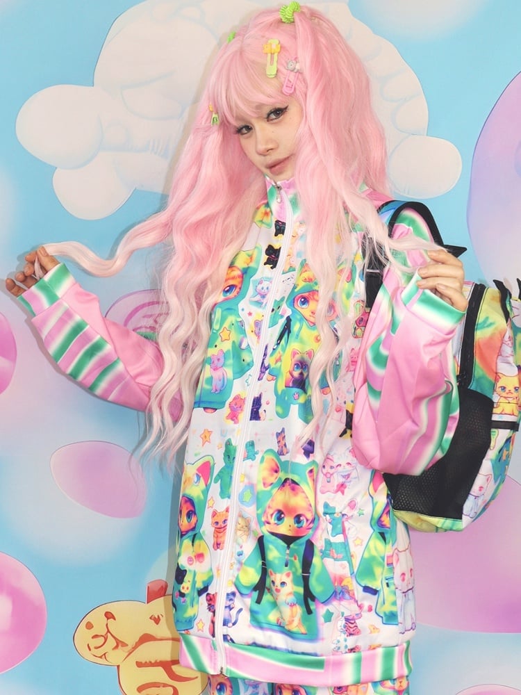 Print Cat Jacket Y2K PinkGreen