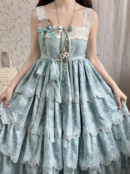 Jumper with Trim Scallop Skirt Blue Classic Layered Print Embroidered Lolita Floral