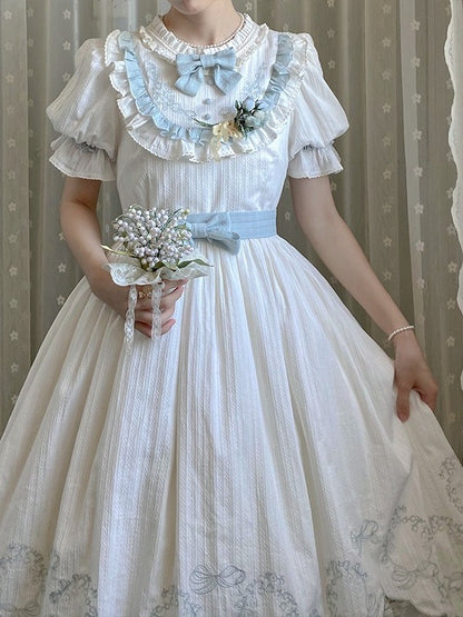Blue & White Lace Petal Hem OP Dress with Belt and Bow Set - Rosa multiflora