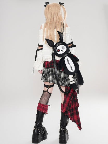 Y2K ブラック/ホワイト クロスプリント カットアウトディテール オフショルダー ネックライン パンクトップ