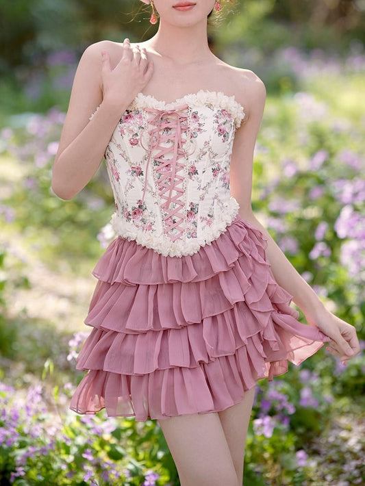 Balletcore-Croset-Oberteil mit Schnürung vorne und hinten und Blumenmuster