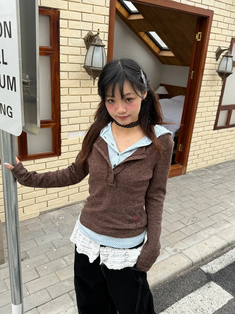 Two-piece Dot Patchwork Sleeve Polka Long T-Shirt Vintage