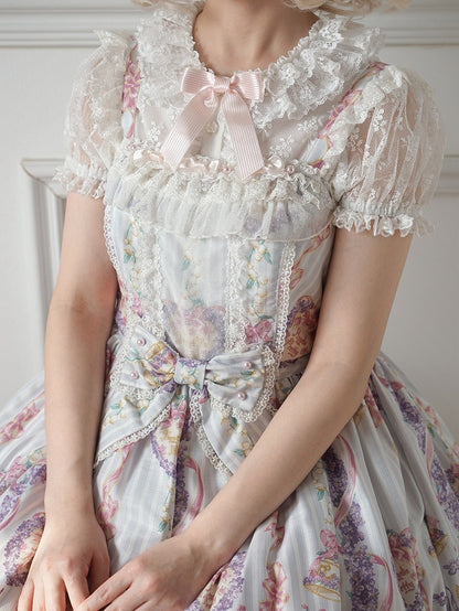 襟付きホワイトレイヤードチュールブラウスダブルショートロリータスリーブ