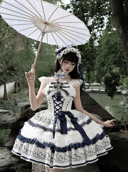 Blue and White Porcelain Corset Waist Lolita JSK Dress with Tassel Bows - Miss Han