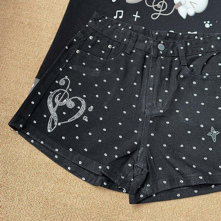 Shorts Details Rhinestone Dot Black Polka High-waisted with