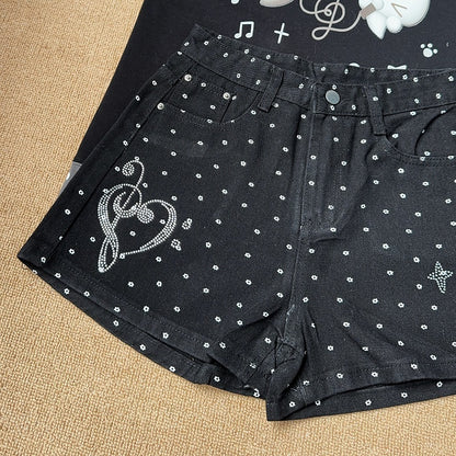 Shorts Details Rhinestone Dot Black Polka High-waisted with