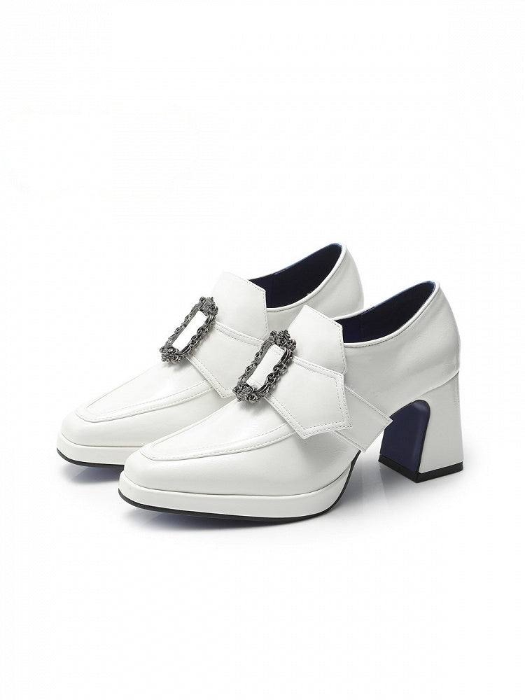Elegant White Prince Style Gothic Lolita Square Toe Shoes with 7CM Heel - Lacy Bones