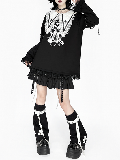 Style Harajuku Punk  White Straps Detail Black Leg Leather Warmers: Cross