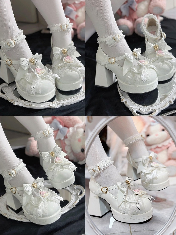 Janes Berry - Heart PU White High Block Mary Bow Fastener Polished Accented Customizable Heel in