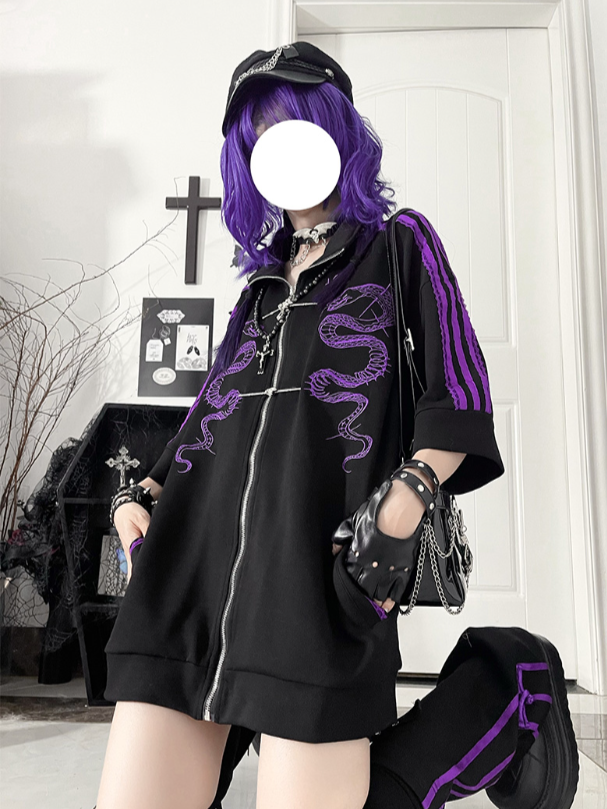 Black Style Jacketwith Striped Embroidery Gothic Purple SleevesSnake Cheongsam Short Tracksuit