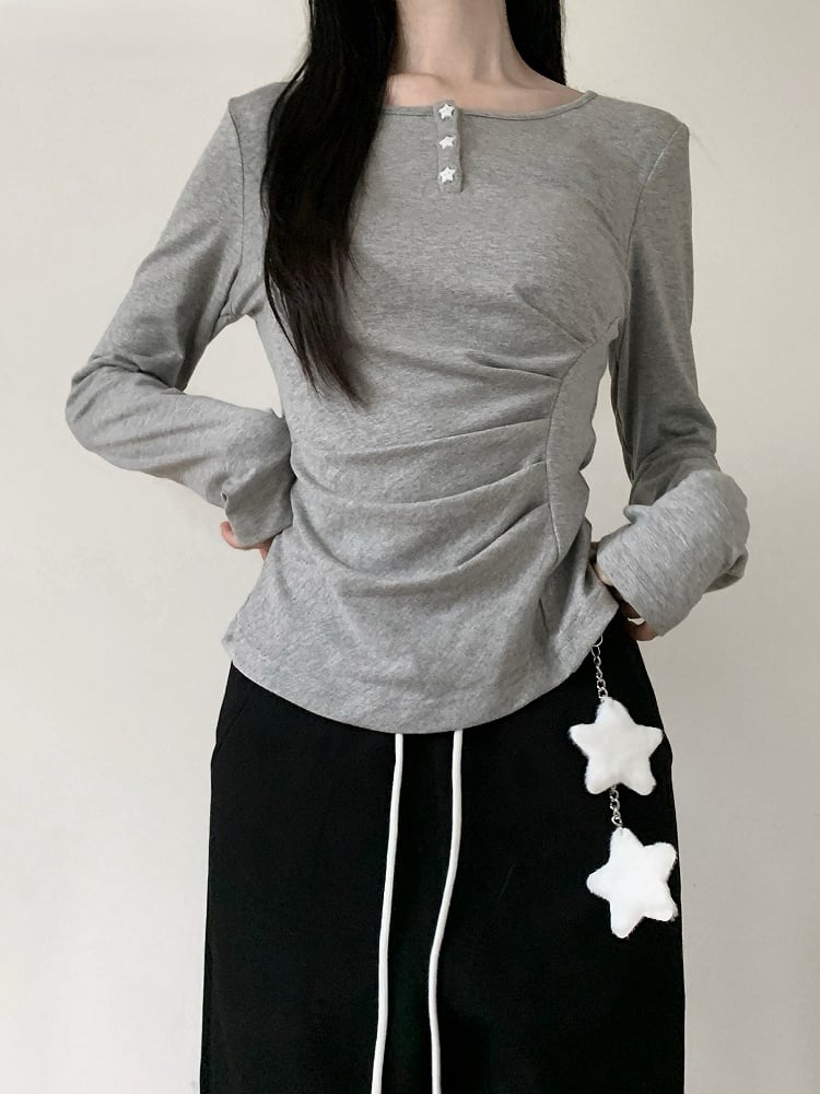 Button Sleeve Black/Gray Top Waist Long Ruched Partial Placket with Star