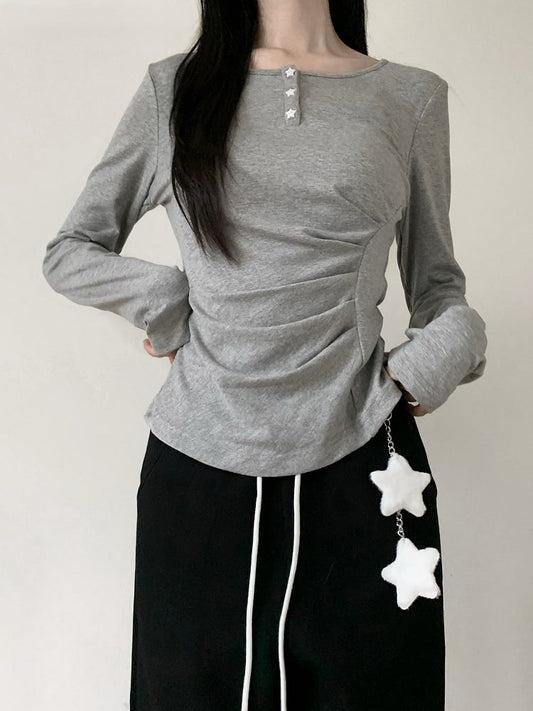 Button Sleeve Black/Gray Top Waist Long Ruched Partial Placket with Star