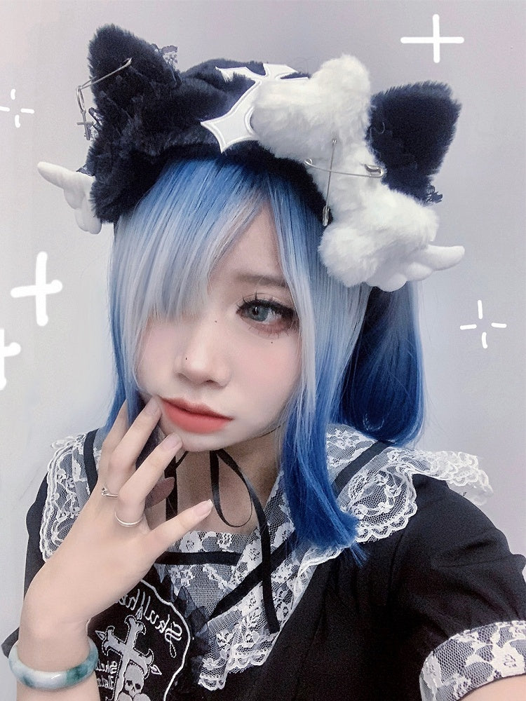 Black Plush Kitty Ears Hairband with Bone and Wing Decor