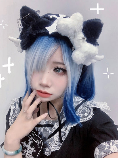 Black Plush Kitty Ears Hairband with Bone and Wing Decor