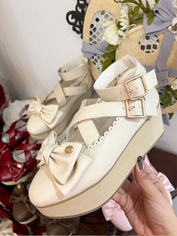 Off-white Shoes Top Bow - Crisscross Lolita Platform Design