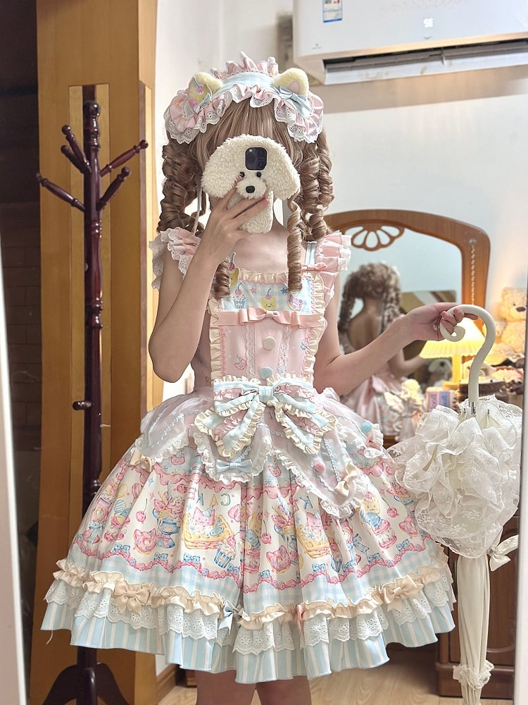 Dress Ruffle Bow Details JSK and Macaron with Lolita Print Sweet Cake Color
