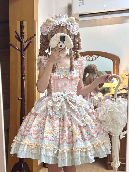 Dress Ruffle Bow Details JSK and Macaron with Lolita Print Sweet Cake Color