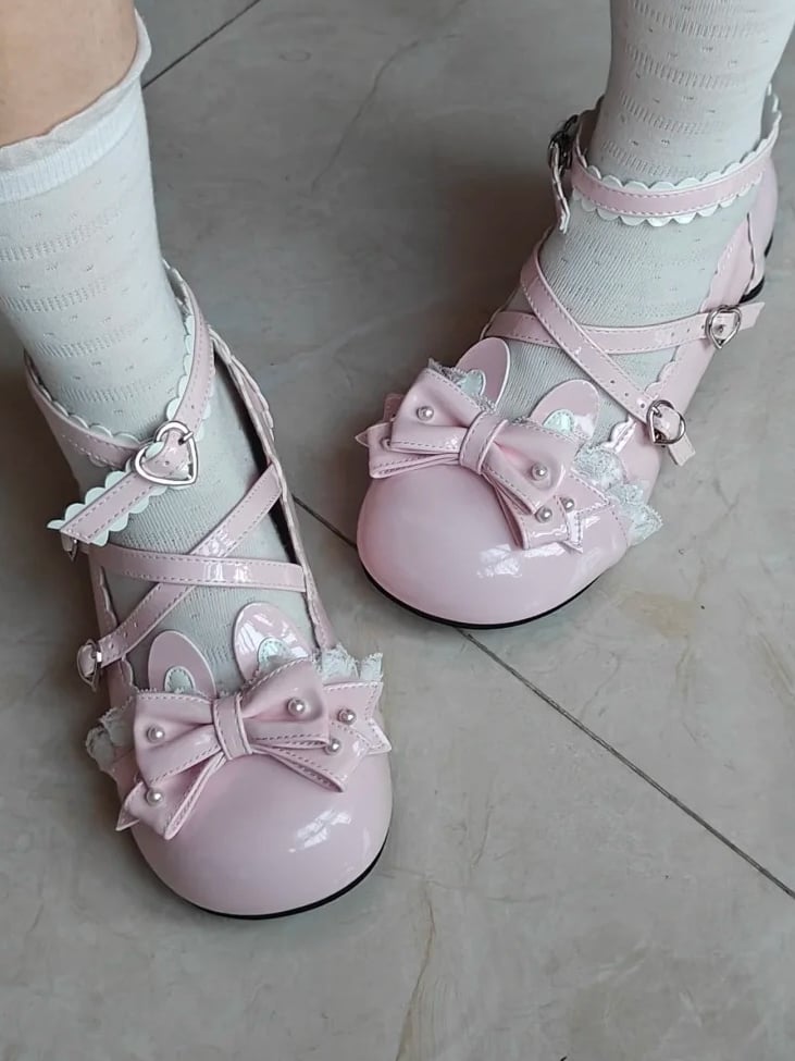 Low-heel Accent in Janes Pink Mary with Rabbit Ear Bow Sweet Lolita Leather PU