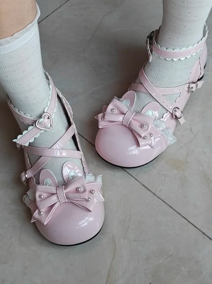 Low-heel Accent in Janes Pink Mary with Rabbit Ear Bow Sweet Lolita Leather PU