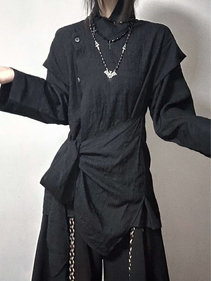 Corset Fake with Details Hem Belt Two-piece Black Asymmetrical Shirt Buckle