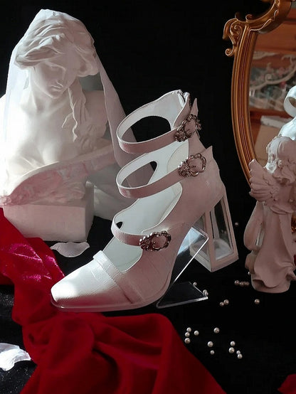 Matte White Gothic Crocodile Buckle Straps High Block Heels