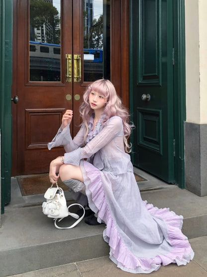 with Skirt Purple Hem Drawstring and Waist Dusty Ruffle Ankle-Length High-Low