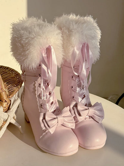 PU Bow Opening with Lolita System Sakura Ornate Boots Plush Pink Triple Boot in Mid-heel Fastening Elegant