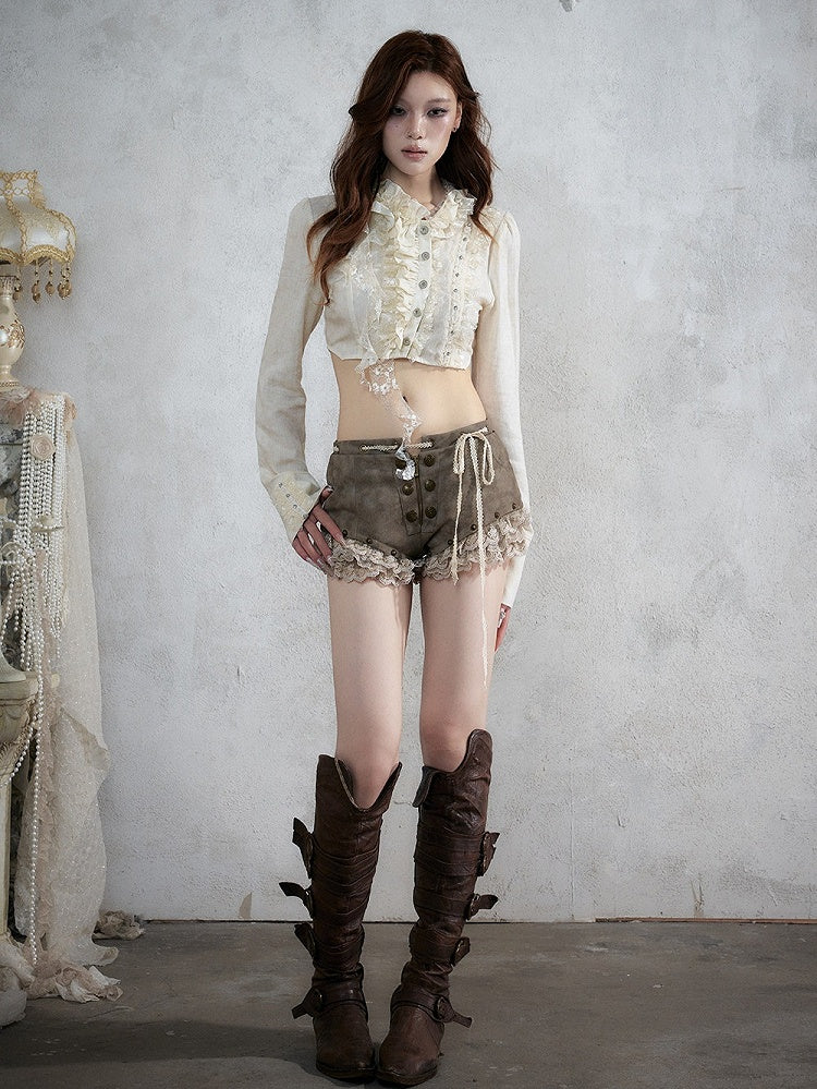 Khaki Faux Leather Shorts with Lace Trimmed Hems - NO ROMANCE