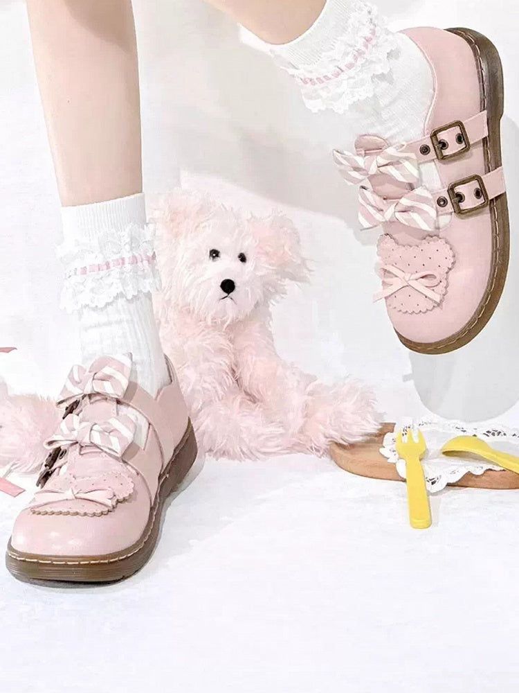 Pattern Bowknot Flats Bear Details Lolita Design Striped Pink