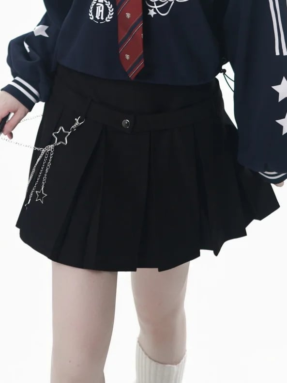 Chain Skirt Star Accent Box Pleat with Black Embroidered