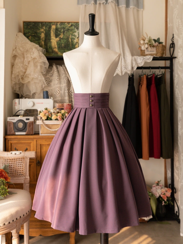 Lolita High-Waisted Pleated Skirt with Lace-Up Back in Dusty Purple
