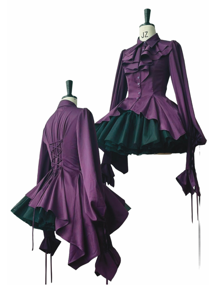 Purple Gothic Ouji Lolita Irregular Cascading Hemline Pointed Collar Long Sleeves Shirt