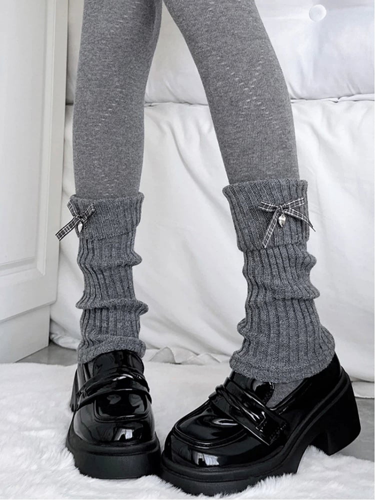 Warmers Slouchy Ribbed Gingham Dark Bow Gray Leg