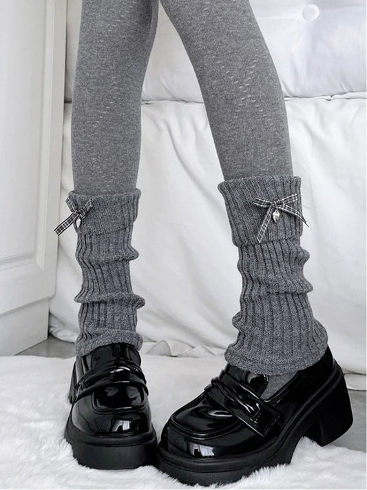 Warmers Slouchy Ribbed Gingham Dark Bow Gray Leg