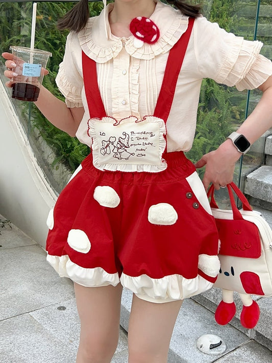 Fleece Detachable Spot Straps White Red Applique with Short Lolita Mushroom Sweet Bubble