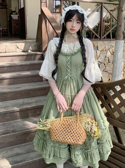 Three Colors Summer Classic Lolita Blouse with Off-Shoulder Neckline and Lace - Lan Jian Chuan