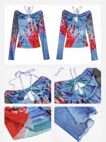 Red Blue Halter Neck Long Sleeve Top with Cut-Outs