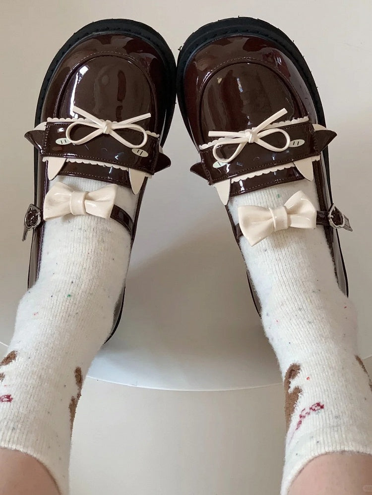 Low-heel with Brown PU Lamb Heart Dazed Buckle and Bow Details Shoes JK Cute